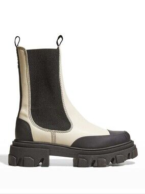Ganni Chelsea Lug Sole Boots in Cream and Black